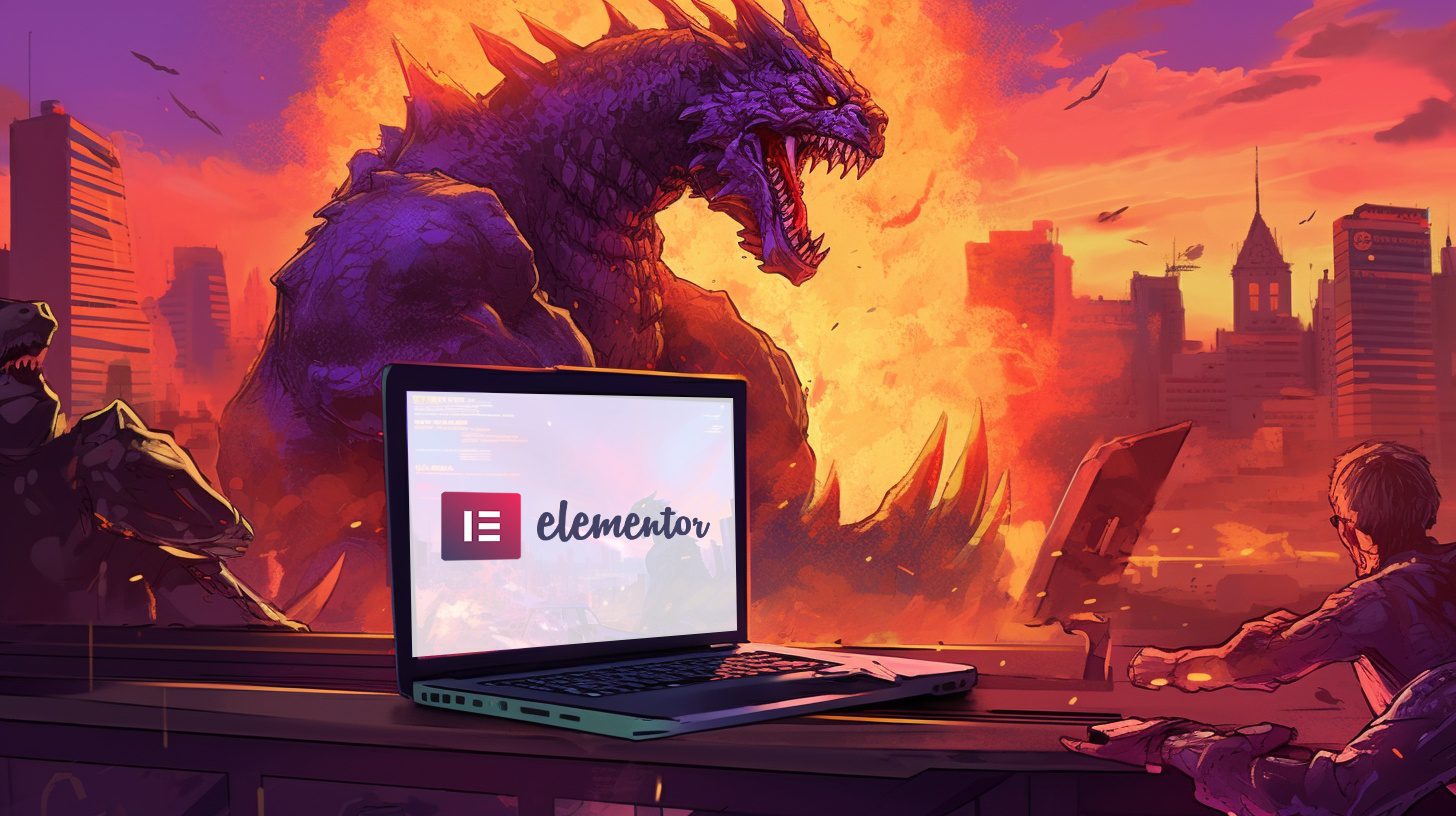 Why Elementor Pro is the Perfect Tool for Custom WordPress Design - Kaiju attacking city behind laptop showing Elementor logo