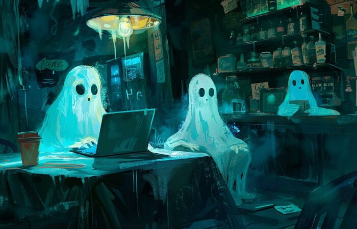 Therapist Website Essentials - Ghosts sit in a dilapidated coffee shop searching for a good therapist on a laptop