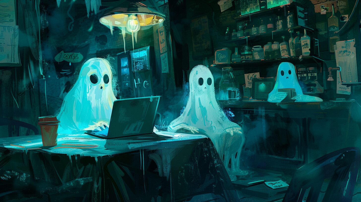 Therapist Website Essentials - Ghosts sit in a dilapidated coffee shop searching for a good therapist on a laptop